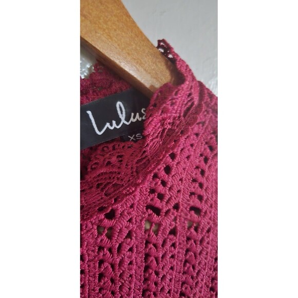Lulus Crochet  Dress Women's XS Wine Red Velour Trim Midi Event Prairie Back Zip - Picture 2 of 8